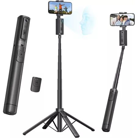 Trépied Auto Suivi Visage 67'' avec Rotation 360°, Télécommande Bluetooth, Support Téléphone pour iPhone, Vlog, Live, Appels vid