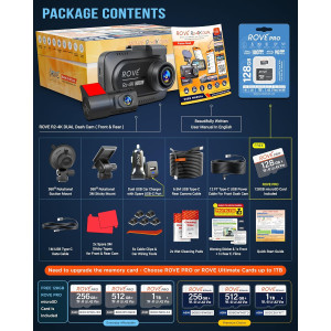 ROVE R2-4K Dual Dash Cam Front & Rear, 4K, 128GB Card, 5G WiFi