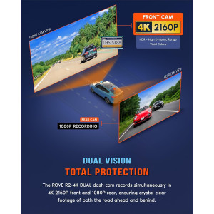 Caméra Dash ROVE R2-4K Dual 4K Front/Arrière + Carte 128GB