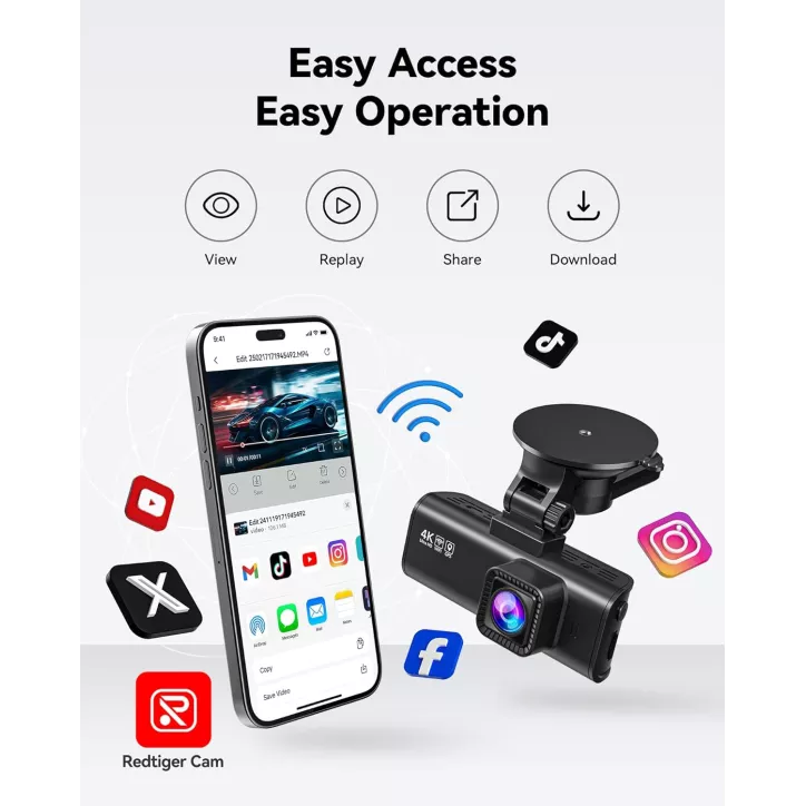 REDTIGER Dash Cam Front Rear 4K/2.5K Full HD, Carte 32GB, Wi-Fi GPS, Écran 3.16, Vision Nuit, 170° Angle
