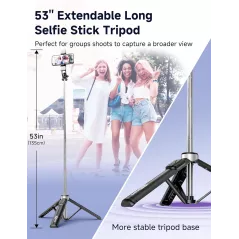 Trépied Selfie 53'' avec Lumière, Télécommande, Clips Tout-en-1, Compatible iPhone & Android