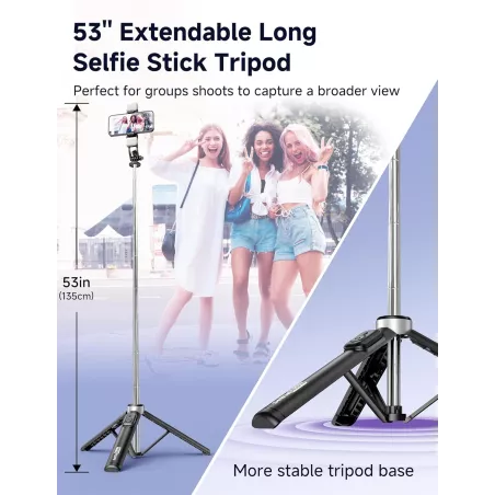 Trépied Selfie 53'' avec Lumière, Télécommande, Clips Tout-en-1, Compatible iPhone & Android