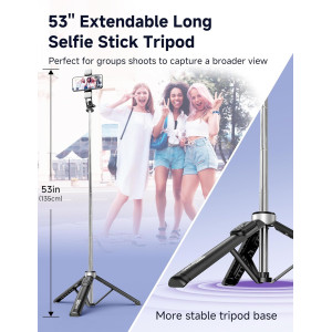 Selfie Stick Trépied 53'' avec Lumière et Télécommande