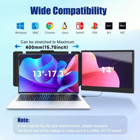 KEFEYA Écran Portable 14 FHD IPS, Extendeur Double Écran USB-C/HDMI pour Ordinateurs 13-17 Plug & Play