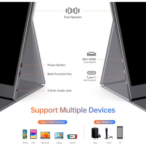 15.6 Portable 1080P USB-C HDMI Monitor for Laptop, PC, Mac & Gaming