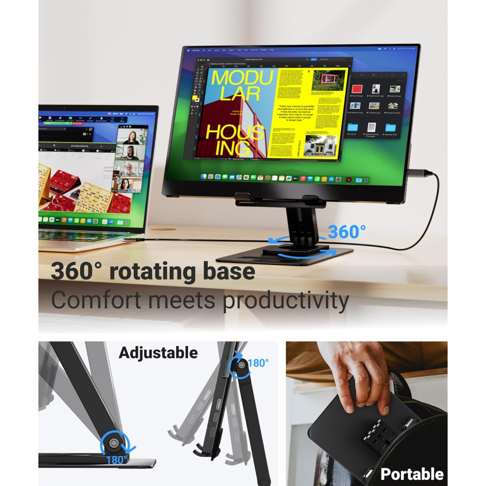 Ingnok 15.6 FHD Portable Monitor – Ultra Slim, USB-C & Adjustable Stand