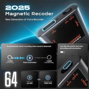 Magnetic Voice Activated Recorder 64GB - 7000Hrs, DSP 5.0 AI Noise Cancel