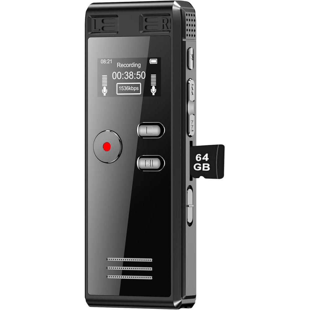 Enregistreur Vocal 64GB HD, 4552h, Double Micro, MP3, TF