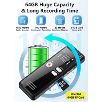 Enregistreur Vocal 64GB HD, 4552h, Double Micro, MP3, TF