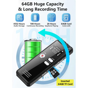 Enregistreur Vocal 64GB HD, 4552h, Double Micro, MP3, TF