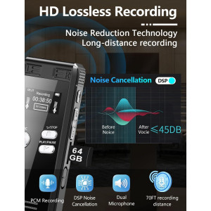 Enregistreur Vocal 64GB HD, 4552h, Double Micro, MP3, TF
