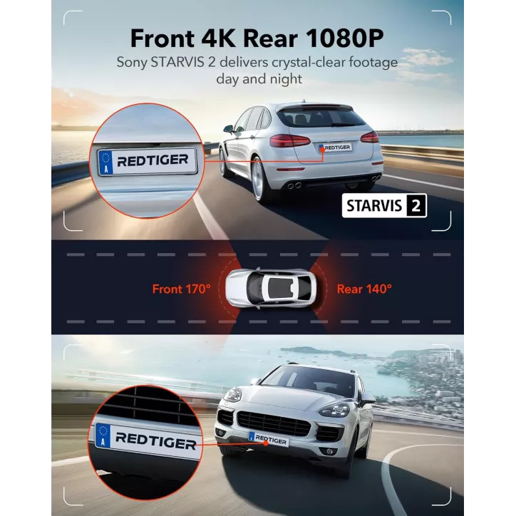 REDTIGER Dash Cam 4K Avant/Arrière, Écran Tactile 3.18, 128GB, GPS, Vision Nocturne, WiFi 5.8GHz, Mode Parking
