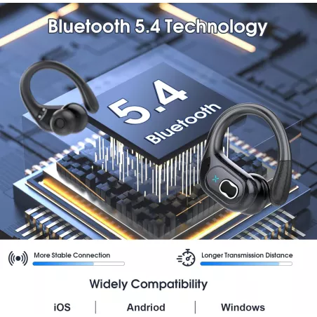 Écouteurs Sans Fil Bluetooth 5.4 Sport 75h, Basses Profondes, Micro ANC, IPX7 Étanches, Earhooks