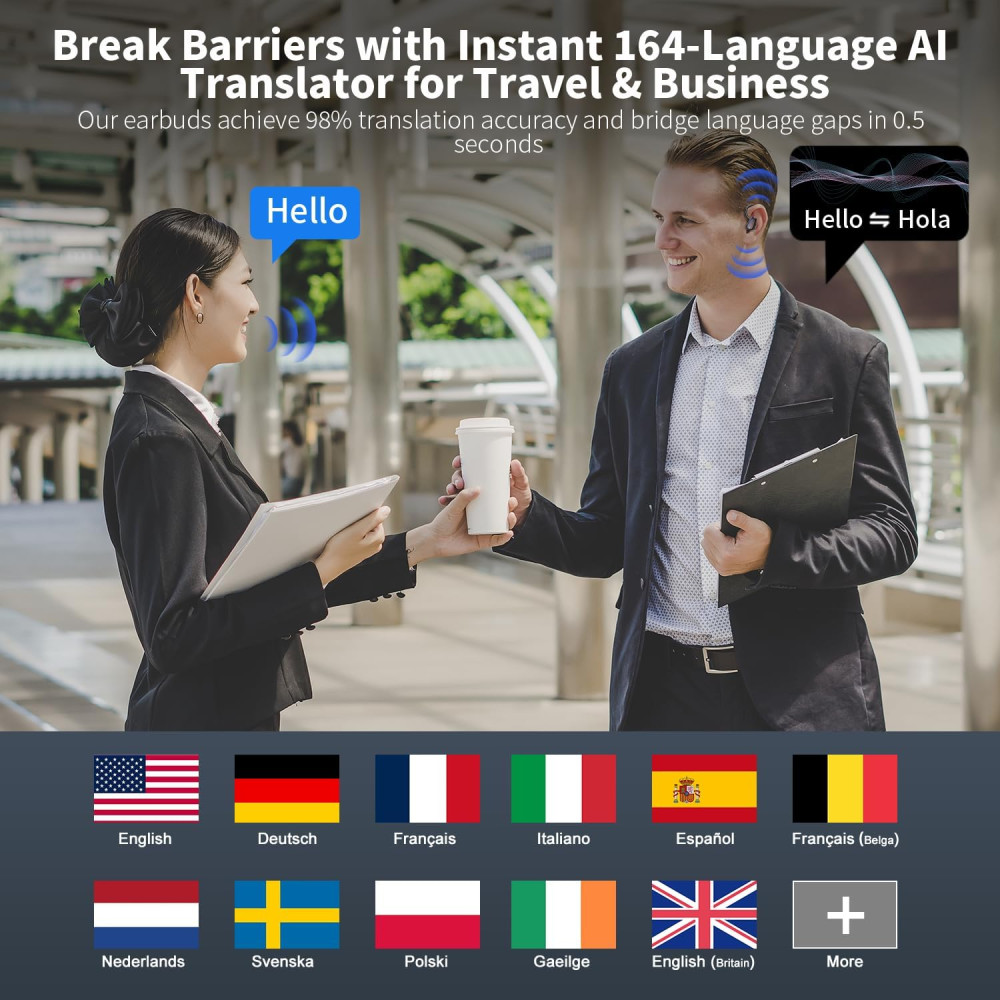 AI Translation Earbuds: 164 Languages, Real-Time, No Subscription, 50H Battery