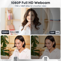 1080P HD Webcam with Mic, Noise Cancel, Privacy Cover & Auto Light
