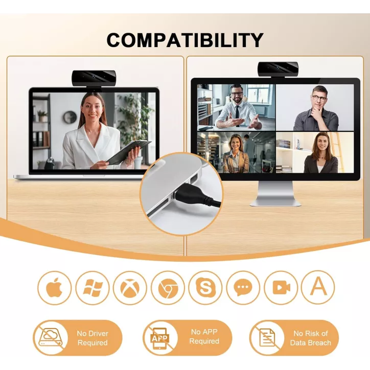 Webcam Full HD 1080P pour PC/Mac, Correction Lumière, Compatible Skype, Zoom, FaceTime, Hangouts