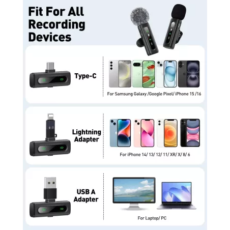Microphone Lavalier USB-C Sans Fil pour Android & PC