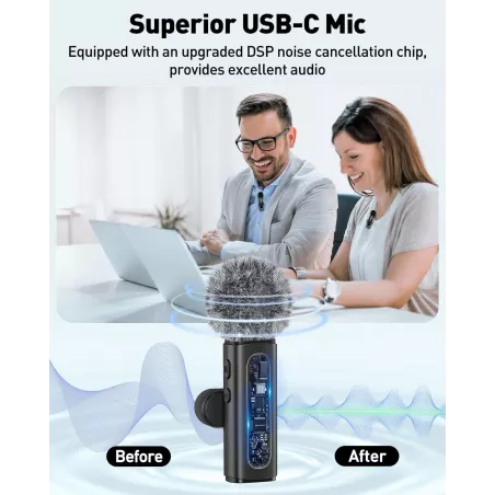 Microphone Lavalier USB-C Sans Fil Rotatif avec Réduction de Bruit pour Android, PC, Vlog, Podcast