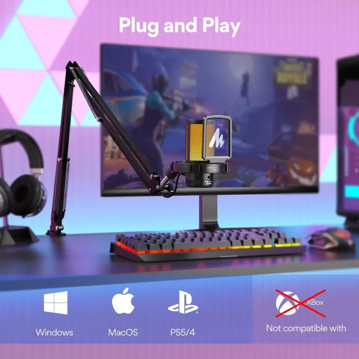 Microphone Gaming USB MAONO DGM20S avec réduction de bruit, mute, gain, monitoring, bras articulé.