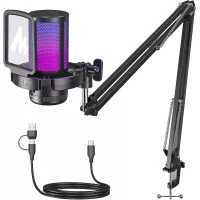 Microphone Gaming USB MAONO DGM20S avec réduction de bruit, mute, gain, monitoring, bras articulé.