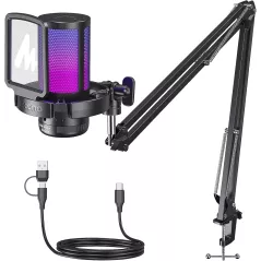 Microphone Gaming USB MAONO DGM20S avec réduction de bruit, mute, gain, monitoring, bras articulé.