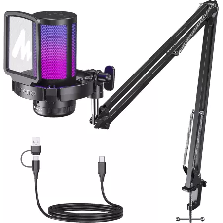 Microphone Gaming USB MAONO DGM20S avec réduction de bruit, mute, gain, monitoring, bras articulé.