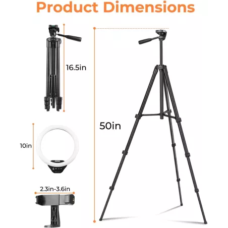 Sensyne Ring Light 10’’ avec trépied extensible 50’’, LED, support téléphone pour streaming & maquillage