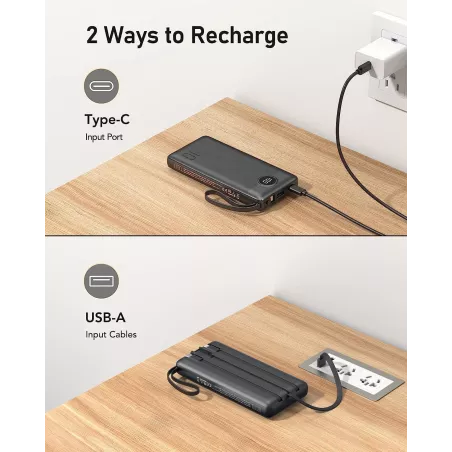 VEEKTOMX Power Bank 10000mAh avec câbles intégrés, charge rapide USB-C, compatible iPhone 17/16/15/14 & Android