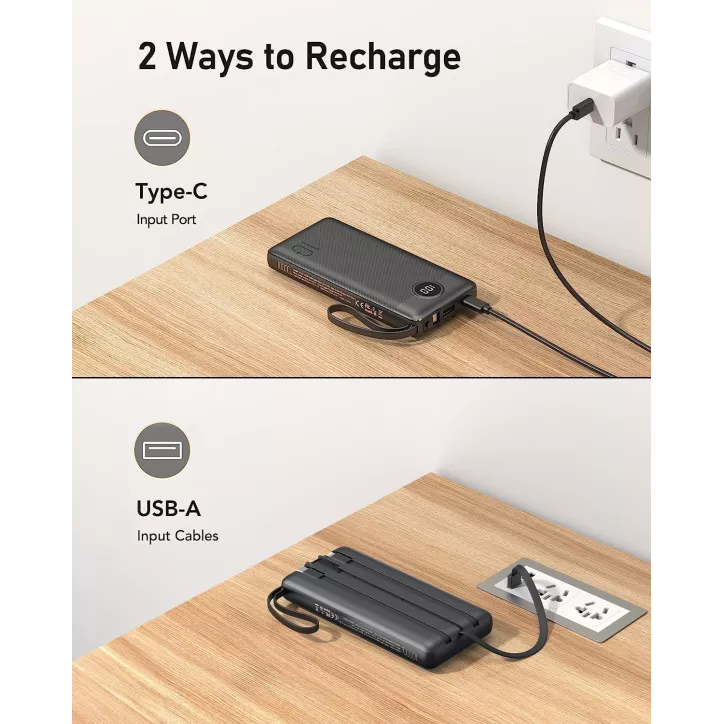 VEEKTOMX Power Bank 10000mAh avec câbles intégrés, charge rapide USB-C, compatible iPhone 17/16/15/14 & Android