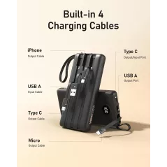Powerbank 10000mAh avec câbles intégrés - Charge rapide USB-C