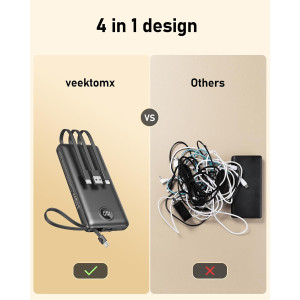 VEEKTOMX 10000mAh Portable Charger with Built-in Cables for iPhone & Android