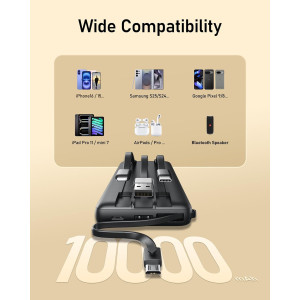 VEEKTOMX 10000mAh Portable Charger with Built-in Cables for iPhone & Android