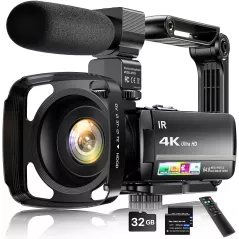 Caméra Vidéo 4K 64MP Vlogging écran tactile 3 Zoom 18X Vision Nuit + Micro Externe, Stabilisateur, Carte 32G & 2 Batteries