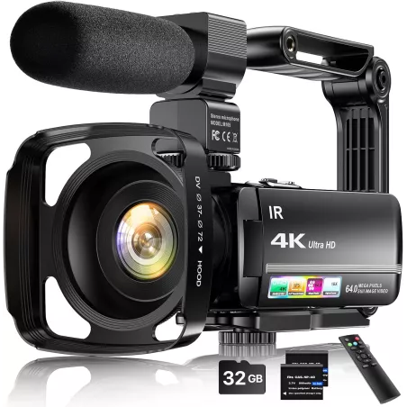 Caméra Vidéo 4K 64MP Vlogging écran tactile 3 Zoom 18X Vision Nuit + Micro Externe, Stabilisateur, Carte 32G & 2 Batteries