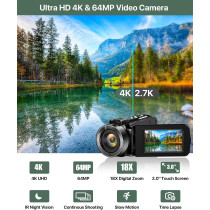 Caméra 4K 64MP Vlogging YouTube avec Zoom 18X & Microphone