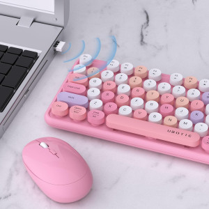 Clavier Souris Sans Fil UBOTIE Coloré Retro 2.4GHz Rose