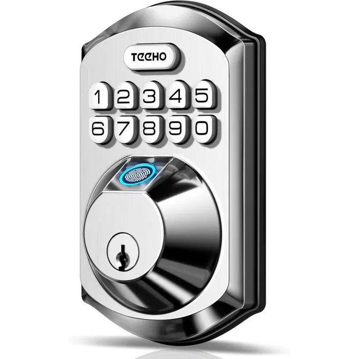 TEEHO TE002 Serrure de Porte à Empreinte Digitale - Sans Clé, Clavier Électronique, Verrou Intelligent Satin Nickel
