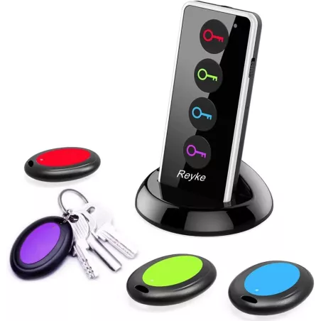 Reyke Localisateur d’Objets RF 80dB+, Portée 40m, 1 Émetteur + 4 Récepteurs, Suivi Sans Fil pour Clés, Téléphone, Animaux