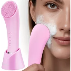 Brosse Nettoyante Visage PRITECH Rechargeable Silicone avec Massage Chauffant Vibrant Étanche Rose