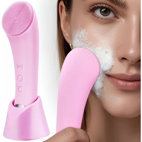 Brosse Nettoyante Visage PRITECH Rechargeable Silicone avec Massage Chauffant Vibrant Étanche Rose