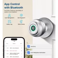 Serrure de porte biométrique argentée avec empreinte digitale, appli, clé et entrée sans clé