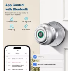 Serrure de porte biométrique argentée avec empreinte digitale, appli, clé et entrée sans clé