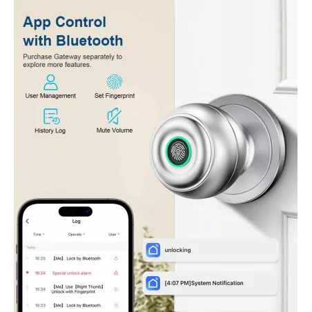 Serrure de porte biométrique argentée avec empreinte digitale, appli, clé et entrée sans clé