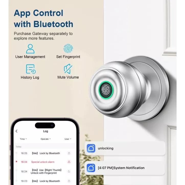 Serrure de porte biométrique argentée avec empreinte digitale, appli, clé et entrée sans clé