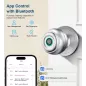 Serrure de porte biométrique argentée avec empreinte digitale, appli, clé et entrée sans clé