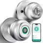 Serrure de porte biométrique argentée avec empreinte digitale, appli, clé et entrée sans clé