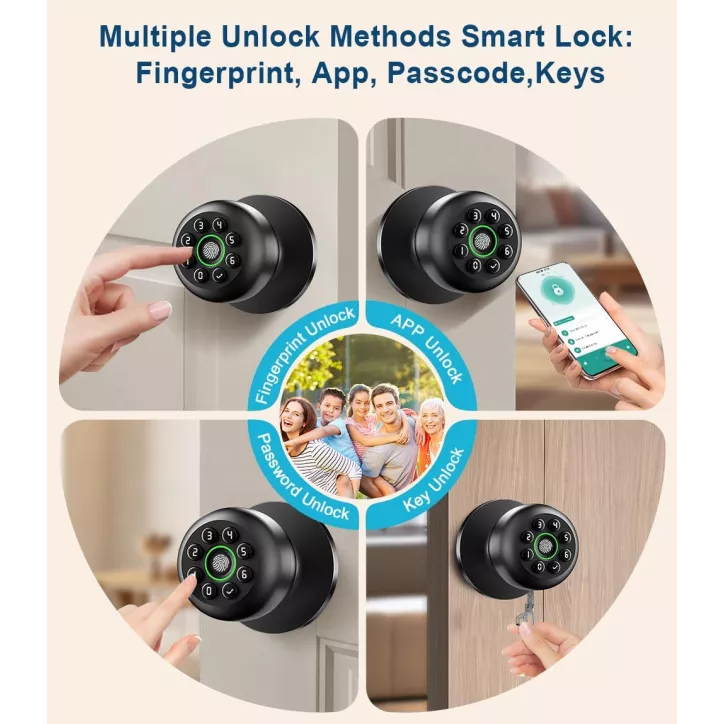 Serrure de porte biométrique à empreinte digitale avec clavier, contrôle app, auto-verrouillage, noir mat