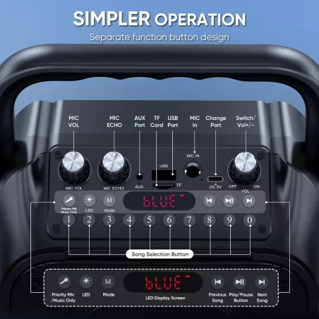 Machine à karaoké portable Bluetooth avec 2 micros sans fil, lumières, support USB/TF/REC/FM/AUX