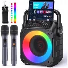 Machine Karaoké Bluetooth Portable avec 2 Micros Sans Fil & Lumières