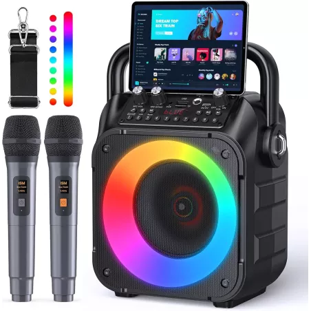 Machine Karaoké Bluetooth Portable avec 2 Micros Sans Fil & Lumières